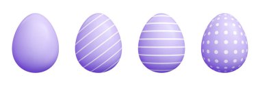 Karikatür 3d Paskalya yumurtası seti - mor katı oval şekiller çizgili çapraz çizgiler, şirin polka noktaları desenleri, bahar tatillerinde tebrik kartları için geometrik grafik çizim tarzı vektör çizimi
