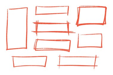Dikdörtgen vurgulama kırmızı pastel boya seti - kaba şekiller çizilmiş mürekkep altı çizili, grunge biçiminde grafik ögeler işaretleyici önemli bilgileri vurgulamak ve metne dikkat çekmek için