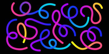 Siyah arkaplan üzerinde renk çizgileri koleksiyonu - düz eğriler soyut şekiller halinde parlak palette ayarlanıyor. Yaratıcı tasarım için vektör grafik elementleri. Eğlenceli karalama organik dalgalar.