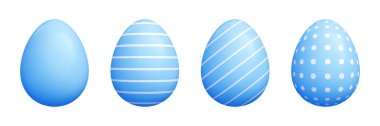 3d mavi pastel Paskalya yumurtası vektörü seti - katı renkli oval çizgi film şekilleri, çizgili, çapraz çizgiler, dekoratif polka noktaları desenleri. Bahar tatili projeleri için şirin sezonluk vektör grafiği