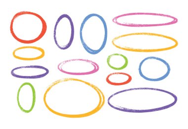 Oval renklendirilmiş pastel boya kalemleri seti - elle çizilmiş pürüzlü elips daireleri tasarım elementleri. Metin bilgisini vurgulayan ve dikkat çekici dekoratif aksanlar çizen kalem veya işaret grunge