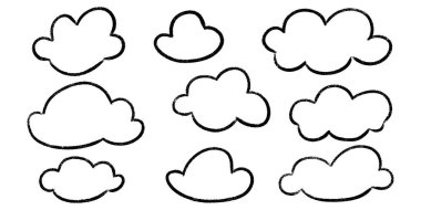 Çocuk pastel boya bulutları - çeşitli şirin basit şekiller çizgiler elle çizilmiş. İzole edilmiş siyah çizgi çizgi karalama çizimi beyaz arka planda elementler. Çocukların çocuksu tasarım için çizim biçimi.