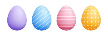 Paskalya 3d yumurta vektörü seti - pastel rengi katı oval çizgi film şekilleri, dekoratif polka noktaları, şirin çizgili çizgiler. Bahar tatili ticari projeleri için vektör mevsimlik unsurlar