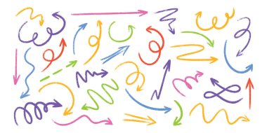 Pastel boyalı kalem ok çizimleri. El çizimi girdaplar, işaretler, kıvrımlar. Sanatsal tebeşir karalamaları, kaotik darbeler grunge tasarım elementleri seti. Pastel boya çizimleri, işaret çizimleri