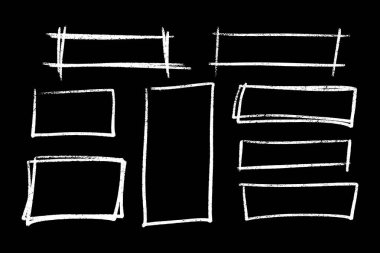 Sketchy pastel boya kalemi veya tebeşir dikdörtgen vurgulama seti - elle çizilen kaba işaret şekilleri, grunge biçiminde beyaz mürekkep altı çizili elementler siyah bg üzerinde vurgu yapmak ve metne dikkat etmek için