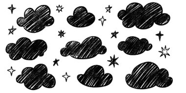 Yıldızlı bulutlar karalama seti - çocuksu pastel boya çizimi, beyaza izole edilmiş siyah grunge siluetleri. El çizimi karalamalar, çocuklar tebeşir karalama koleksiyonu. Sevimli anaokulu tarzı çizimler.