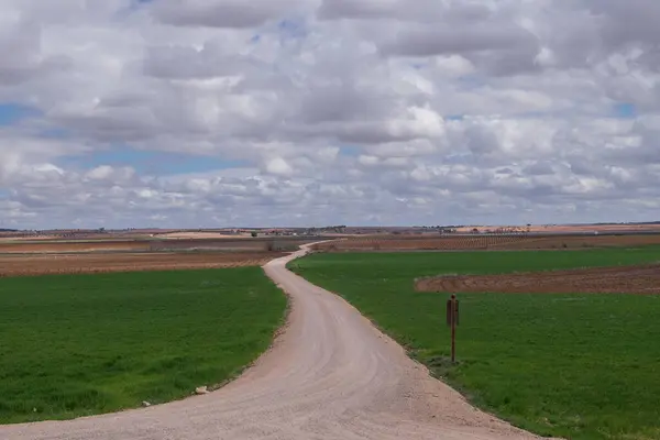 İspanya 'nın Castilla La Mancha kentindeki kırsal yol manzarası
