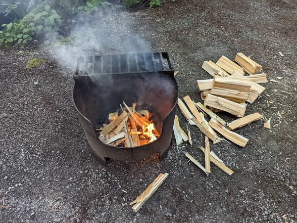 Campfire with firewood in metal construction of a campground