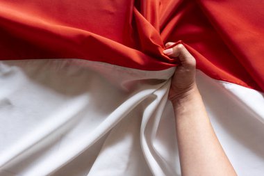 Endonezya kırmızı ve beyaz bayrağını tutan bir adamın üst görüntüsü.