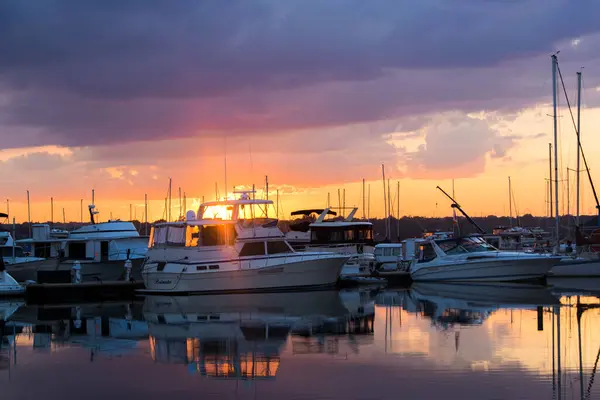 Sunset Boats Waterfront Stock Snímky