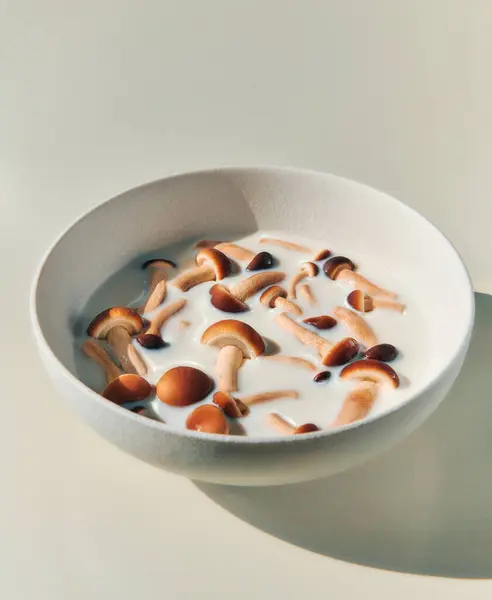 Beyaz arka planda bir kase mantar kremalı süt.