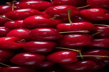 PAKISTAN, KARACHI, HAZİRAN 16 HAZİRAN 2024 Bir sürü kırmızı kiraz, su damlacıklarıyla yakınlaşıyor.