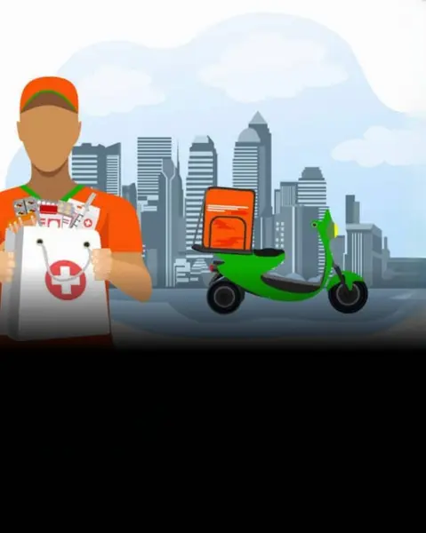 Bisiklet süren büyük sırt çantalı genç bir kurye.