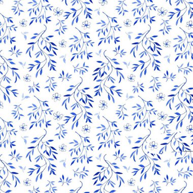 Arka planda mavi dallar suluboya deseni, illüstrasyon