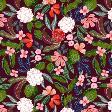 Arka planda taze renkler gouache çiçek deseni, illüstrasyon