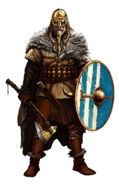 Beyaz baltalı ve kalkanlı Viking. Omzunda kurt postu olan Viking savaşçısı erkek. Viking miğferi.