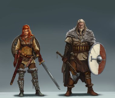 Kalkanları, kılıçları ve baltaları olan büyük Viking savaşçıları izole edilmiş gerçekçi çizimler. Kızıl saçlı baltalı Viking kız. Boynuzlu kasklı sarışın erkek Viking savaşçısı..