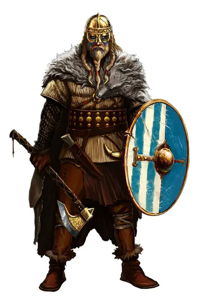 Viking with ax and shield on white. Viking warrior male with a wolf skin on his shoulder. Viking helmet.
