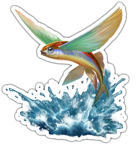Flying fish jumps out of the water sticker and pin.