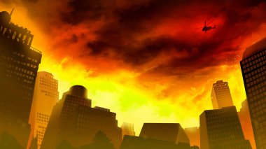 Gökdelenler, gökyüzü tahribatı ve felaket kıyameti ile yanan şehir. Çizim gerçekçiliği sanat arka planı.