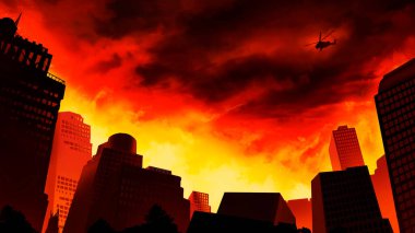 Gökdelenler, gökyüzü tahribatı ve felaket kıyameti ile yanan şehir. Çizim gerçekçiliği sanat arka planı.