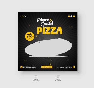 Pizza satışı çevrimiçi sosyal medya paylaşımı, restoran fast food sosyal medya afişi tasarım şablonu.