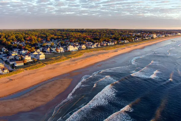 stock image Aerial view of Old Orchard beach, a popular tourist destination, located on the coast of Maine during early Autumn at Sunrise.