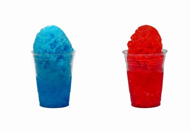 Cherry Red and Blue Raspberry Hawaiian Shave Ice, Snow cone or Shaved Ice dessert in clear cups on a white background with copy space. clipart