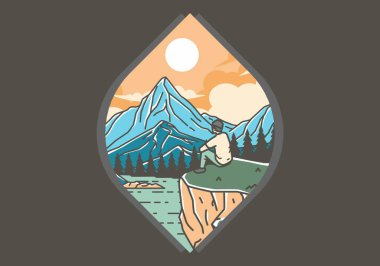 Göl, orman ve dağ manzaralı bir uçurumda oturan bir adamın renkli dış görünüşü