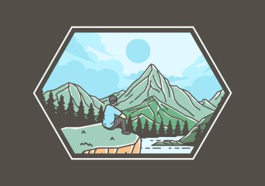 Göl, orman ve dağ manzaralı bir uçurumda oturan bir adamın renkli dış görünüşü