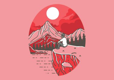 Göl, orman ve dağ manzaralı bir uçurumda oturan bir adamın renkli dış görünüşü