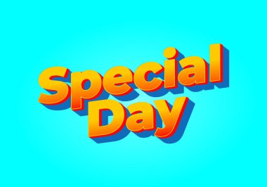 Özel bir gün. Metin efekti tasarımı 3 boyutlu görünümde. Sarı kırmızı renk. Parlak mavi arkaplan