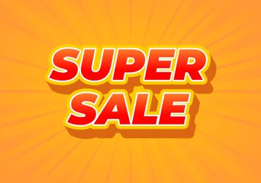 Süper satış. Metin efekti tasarımı 3 boyutlu görünümde. Kırmızı renk. Sarı arkaplan