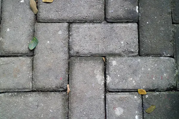 Kuru yapraklar ve toz zerreleri içeren gri tuğlalardan yapılmış desenli asfalt yüzey.