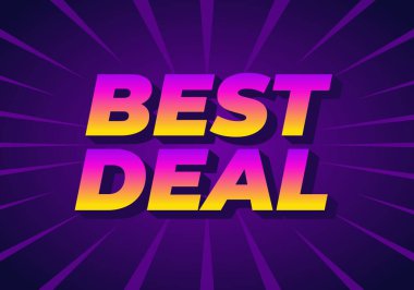 Yürekli bir grafik tasarımı olan BEST DEAL in kalın, stilize tipografisi arka plan mor bir grafiktir merkezden yayılan dinamik ışınlar, enerjik ve göz alıcı bir etki yaratır
