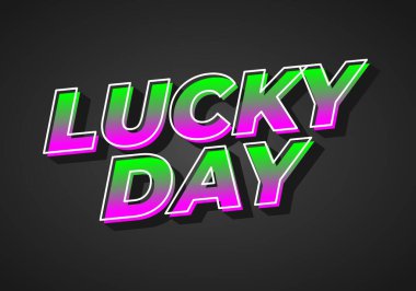 Çarpıcı bir grafik tasarımı. Renkli ve kalın harflerle LUCKY Day kelimelerini içeriyor. Arkaplan koyu renkli, metnin parlaklığını arttırıyor.