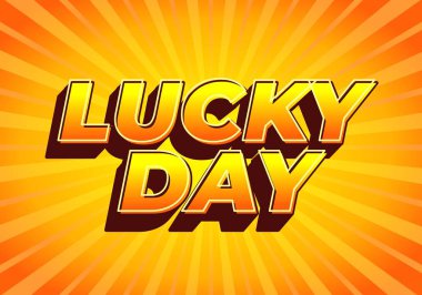 Cesur, üç boyutlu tipografi ile Şanslı Gün kelimelerini içeren canlı bir grafik tasarımı. Arkaplan parlak bir portakaldır. Güneş ışınları, enerjik ve neşeli bir atmosfer yaratır..