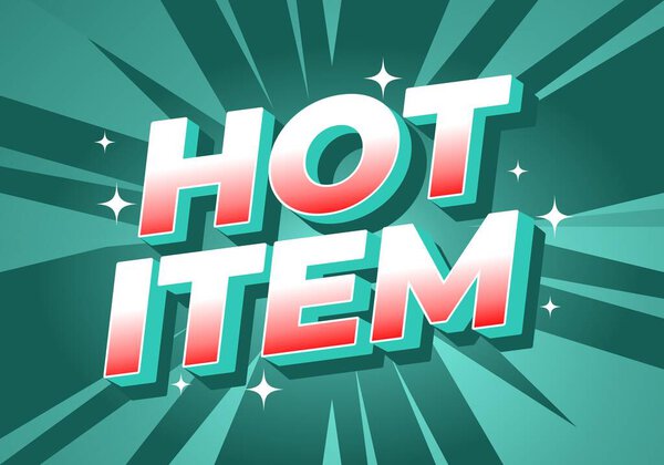 Яркий графический дизайн со словами HOT ITEM жирным стилизованным шрифтом. Фон имеет динамические лучи, излучаемые наружу, создавая чувство волнения и срочности.