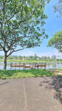 Açık mavi gökyüzünün altında ağaçlarla ve ahşap rıhtımla huzurlu bir göl manzarası..