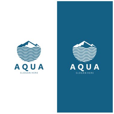 Dağ ve su dalgaları olan mavi bir logo. Su dalgaları, su dağı logosu. Ticari mineral doğal logosu.