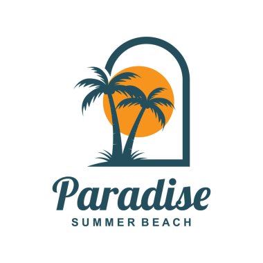 Palmiye ağacıyla yaz plajı logosu ve cennet şablonu tasarımı