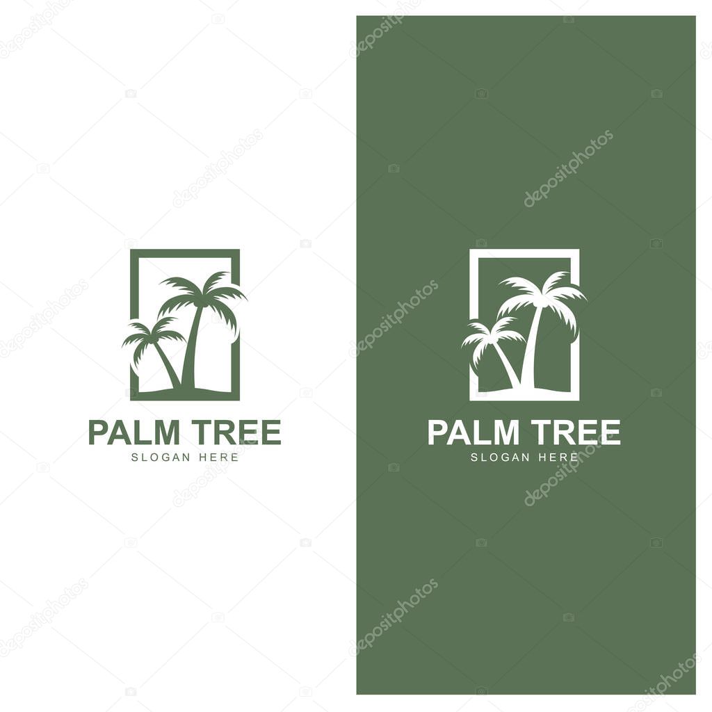 Summer beach logo with palm tree and waves  paradise  template vector design