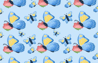 Kusursuz kelebek desenleri. Kumaş, Tekstil, Paketleme Tasarımı, Paketleme Kağıdı, Duvar Kağıdı için Mavi Kelebeği Resimleri suluboya stili