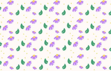 Kumaş, Tekstil, Duvar Kağıdı, Duvar Dekoru, Paketleme Tasarımı, Paket Kağıdı, Duvar Kağıdı, Arkaplan için kusursuz papatya deseni. Basit mor papatya çiçekleri ve beyaz arkaplanda yapraklar