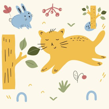 Kumaş Kaplama Tekstil Duvar Kağıdı Bebek Odası Dekorasyonu için Şirin Kedi Tavşan Bitkisi ile Çocuksu Kusursuz Desen