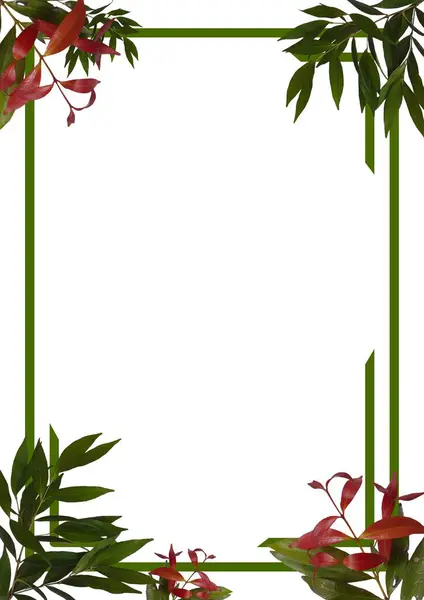 Green frame decorated with green and red leaves, isolated on white background with copy space text area