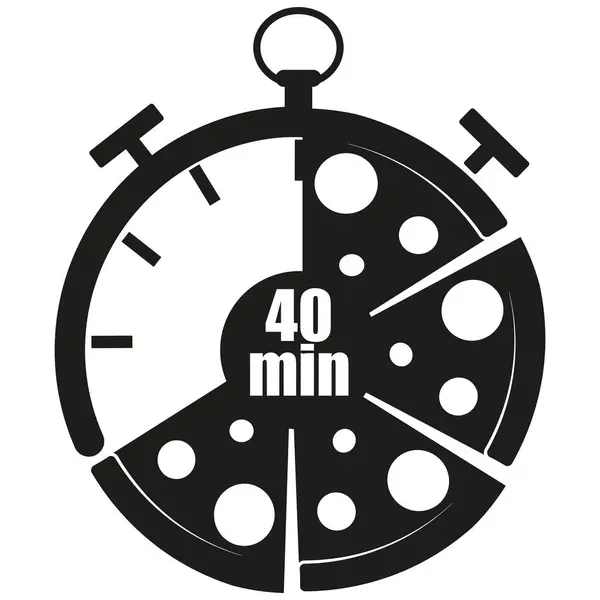 Teslimat servisi için orijinal siyah-beyaz simge kronometre kadranı ve pizza dilimleri ve 40 dakikalık ürün teslimatı zamanı, posterler, afişler veya çıkartmalar için işaretler.