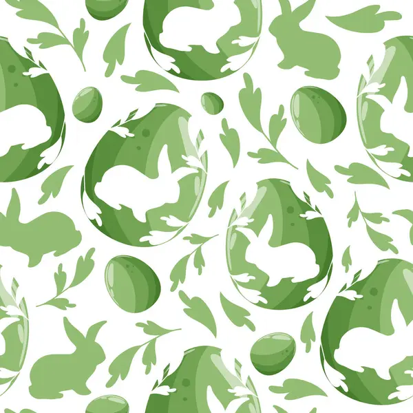 Paskalya desensiz, yeşil Paskalya yumurtaları arka ayaklarının üzerinde bir tavşan gölgesi ve rastgele dizilmiş bir tavşan ve yeşil yapraklar.