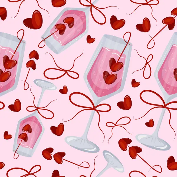 Şarap kadehleri ve dikdörtgen şarap kadehiyle kusursuz desenli pembe içki ve kupa şeklinde böğürtlenler ve Pinl arka planda kırmızı kurdeleler, Sevgililer Günü için tasarım.