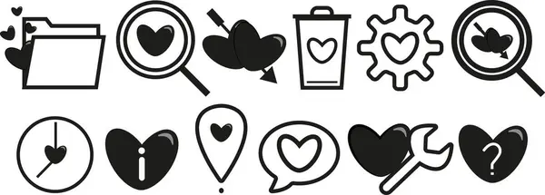 Sevgililer Günü için, farklı şekillerde kırmızı parlak kalpler sunulan çeşitli standart simgelerden oluşan siyah beyaz simgelerden oluşan bir set.